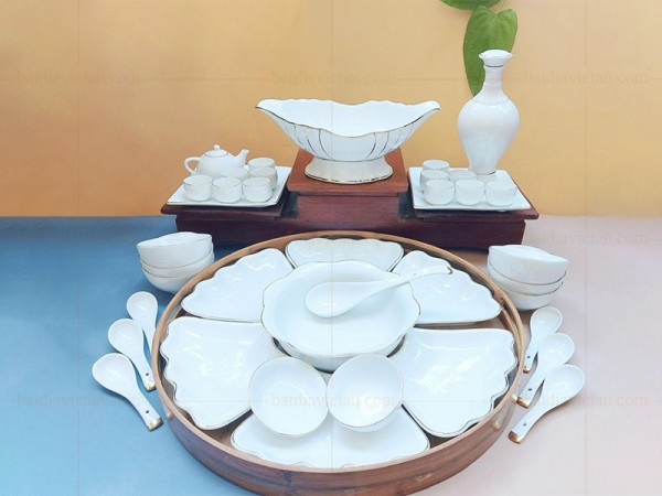 Sét bộ bát đĩa hoa mặt trời Bát Tràng kẻ chỉ vàng